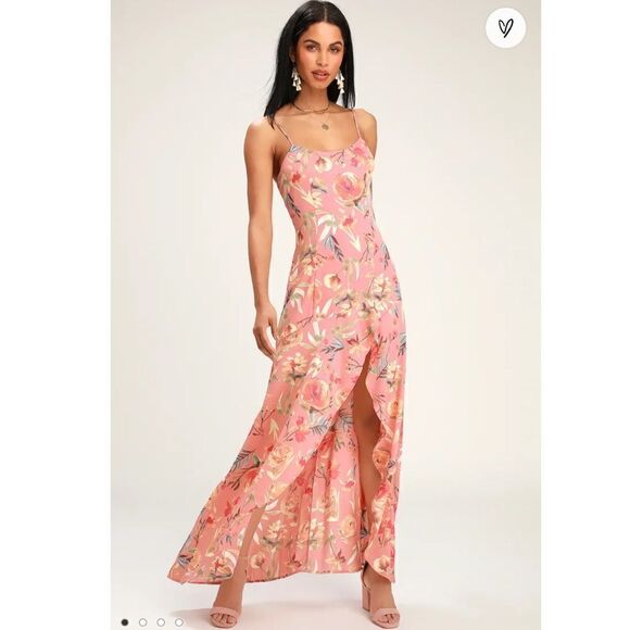 NWT Lulu’s Zinnia Blush Pink Floral Print High-Low Maxi Dress Medium - Picture 1 of 13
